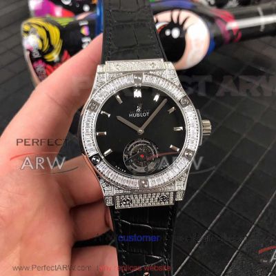 Perfect Replica Hublot Classic Fusion Stainless Steel Diamond Case Black Tourbillon Face 43mm Watch